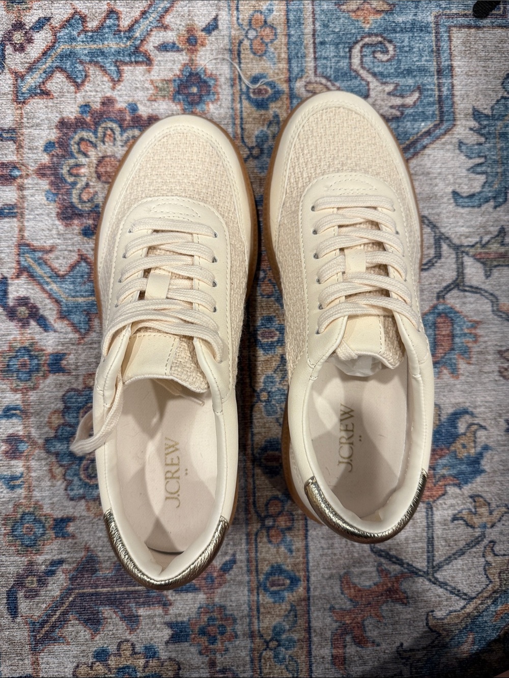 J. Crew Cream Knit and Leather Low-Top Sneakers with Metallic Heel